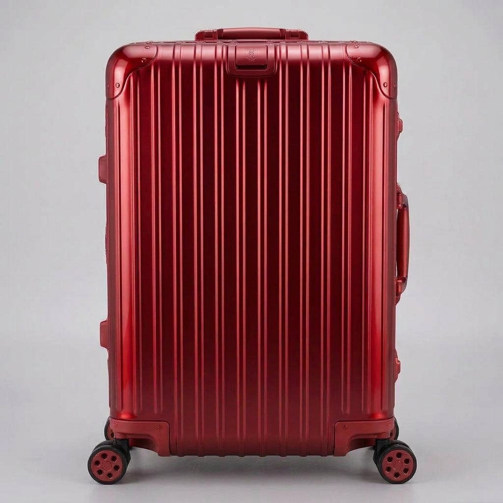 Front view of The Masterpiece Legacy aluminum luggage by AERIA PRESTIGE in Imperial Red, featuring a premium zipperless aerospace-grade alloy hardshell and silent multi-directional spinner wheels.