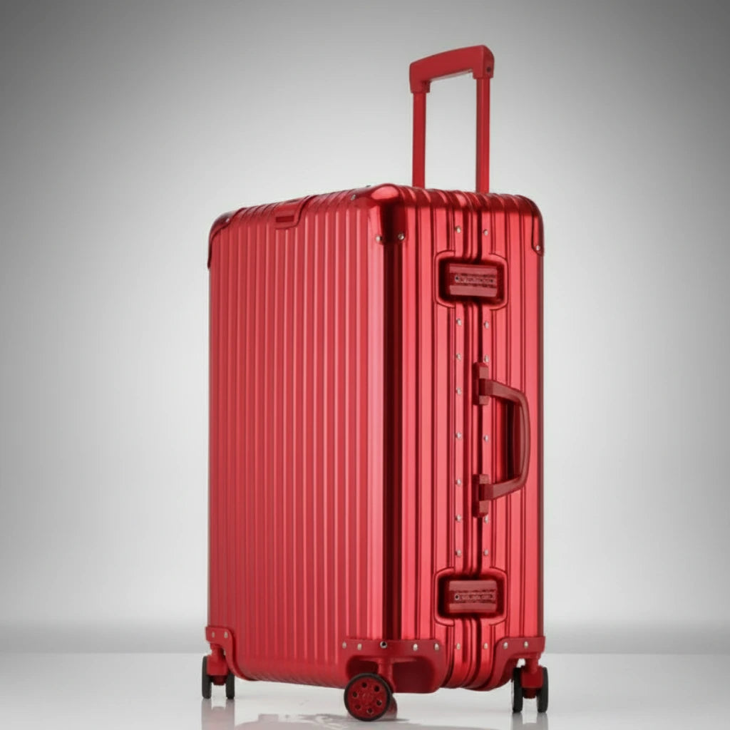 Full-length side view of The Masterpiece — The Legacy Aluminum Luggage in the bold Imperial Red finish. Part of the AERIA PRESTIGE Titan Series, this luxury travel case features an aerospace-grade aluminum-magnesium alloy shell, silent swivel wheels, and dual TSA-approved locks, combining high-contrast style with elite executive durability.