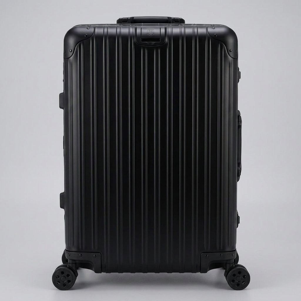 Front view of The Masterpiece Legacy aluminum luggage by AERIA PRESTIGE in Obsidian Black, featuring a premium zipperless aerospace-grade alloy hardshell and silent multi-directional spinner wheels.