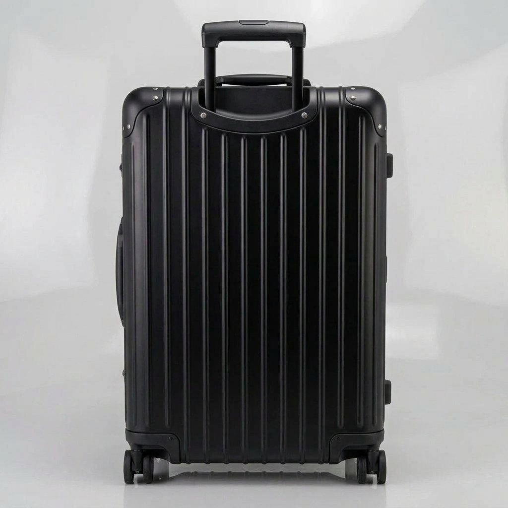 Rear view of The Masterpiece Legacy aluminum luggage by AERIA PRESTIGE in Obsidian Black, featuring a fully extended telescopic handle, zipperless aerospace-grade alloy hardshell, and silent spinner wheels.
