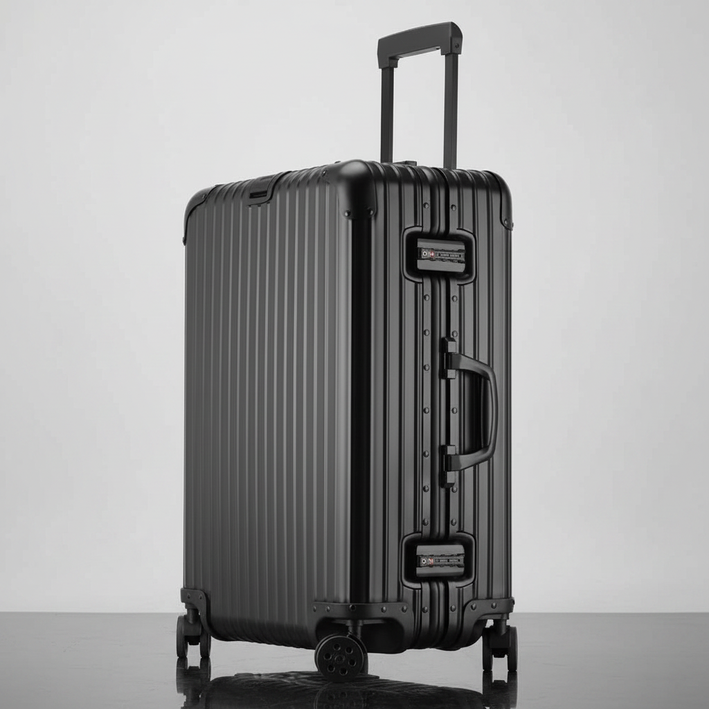 A black ribbed aluminum spinner suitcase with an extended telescopic handle, standing upright on a reflective dark surface against a light gray studio background.