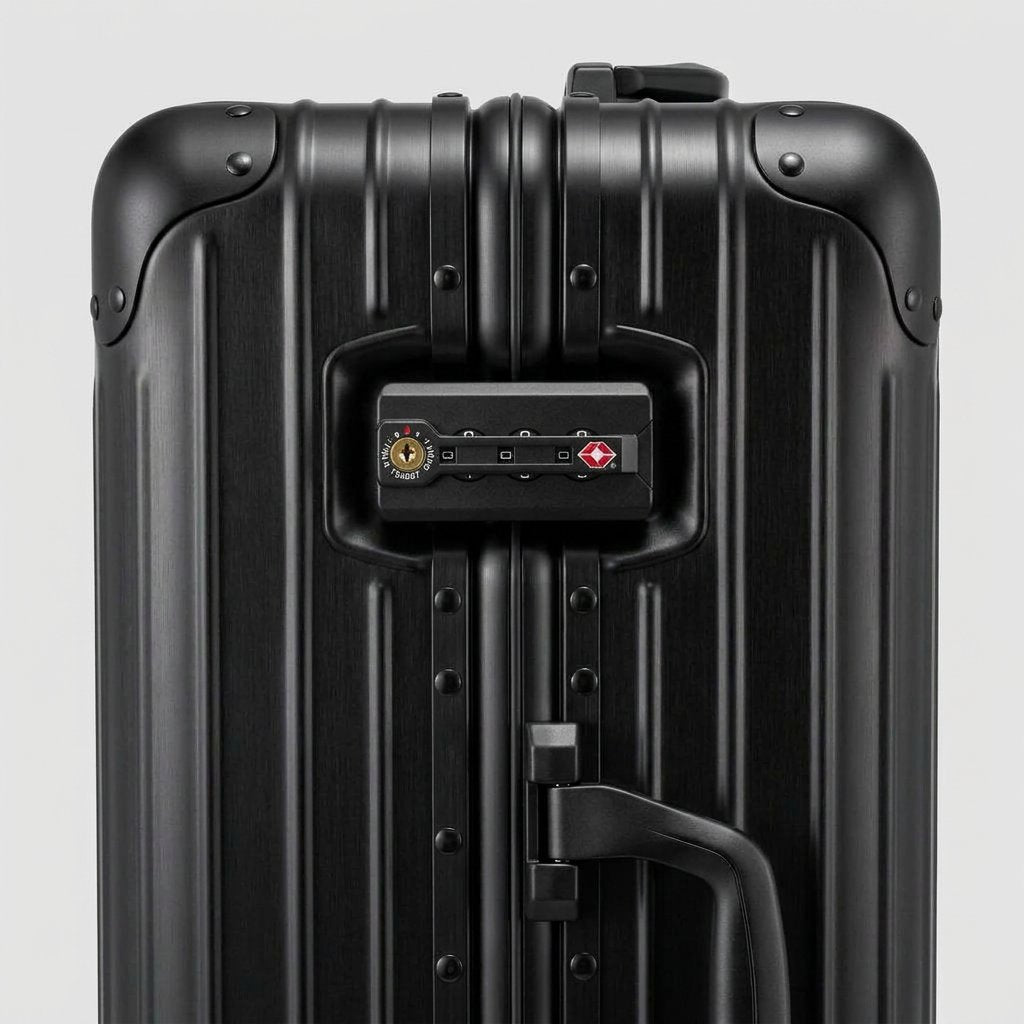 Close-up of the integrated dual TSA-approved combination locks on The Masterpiece Legacy aluminum luggage by AERIA PRESTIGE in Obsidian Black, featuring a bank-grade security design.