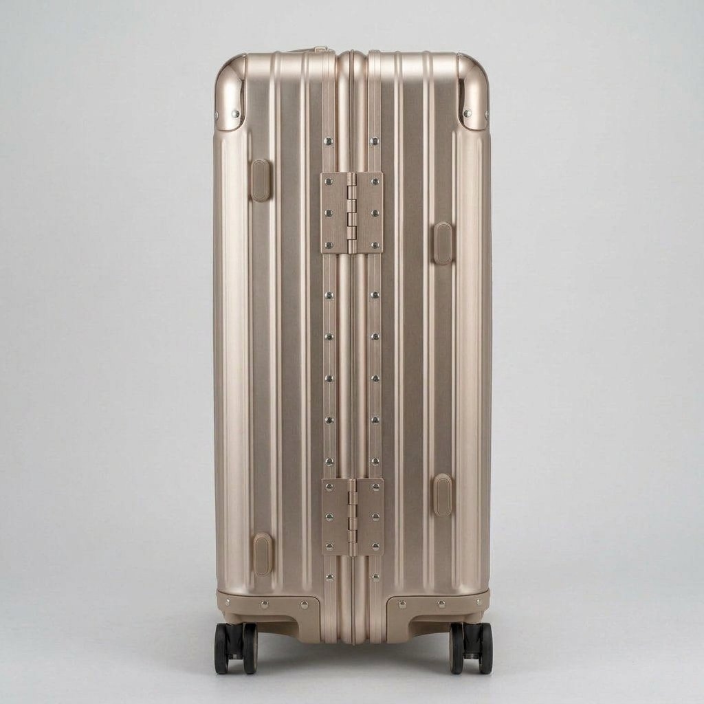 Side view of The Masterpiece Legacy aluminum luggage by AERIA PRESTIGE in Rose Champagne, highlighting the heavy-duty zipperless frame, reinforced hinges, and durable aerospace-grade alloy construction.