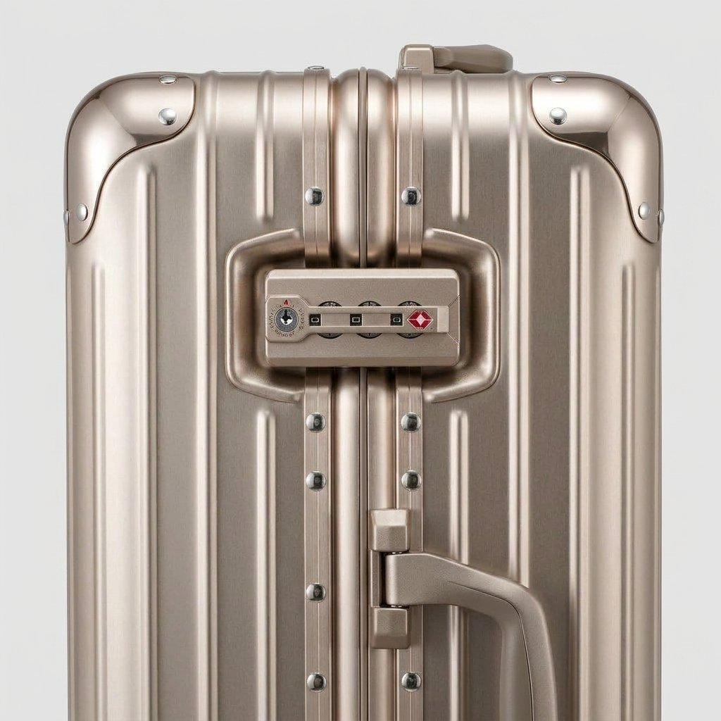 Close-up of the integrated dual TSA-approved combination locks on The Masterpiece Legacy aluminum luggage by AERIA PRESTIGE in Rose Champagne, showcasing bank-grade security and precision engineering.