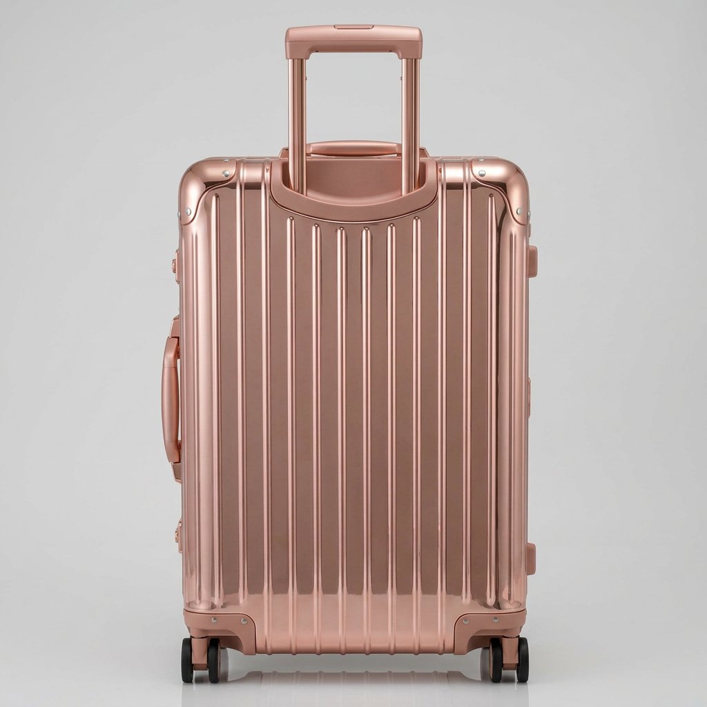 Rear view of The Masterpiece Legacy aluminum luggage by AERIA PRESTIGE in Rose Gold, showing the fully extended telescopic trolley handle, aerospace-grade alloy hardshell, and silent multi-directional spinner wheels.