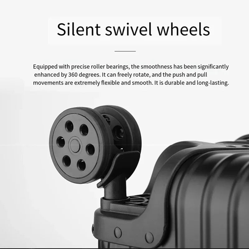 Close-up shot of the premium double silent swivel wheels with precise roller bearings on The Masterpiece — The Legacy Aluminum Luggage. The grayscale image showcases the high-end engineering and durable hardshell chassis of the AERIA PRESTIGE collection.