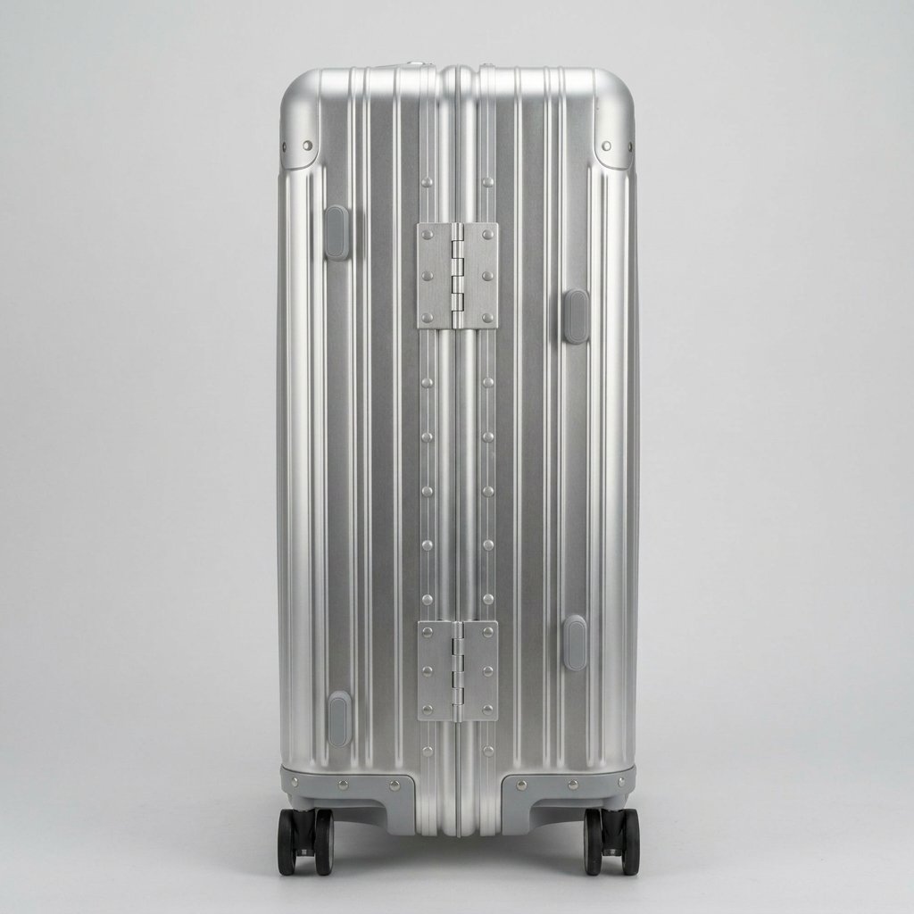 A full-length front view of The Masterpiece — The Legacy aluminum-magnesium alloy travel case in a Sterling Silver finish, displayed against a neutral studio background. The suitcase features a zipperless design with heavy-duty reinforced metallic hinges and rivets. The shell showcases a metallic, grooved silhouette, and four silent multi-directional spinner wheels are visible at the base.