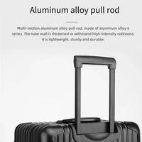 Close-up of the professional multi-section aluminum alloy pull rod on The Masterpiece — The Legacy Aluminum Luggage by AERIA PRESTIGE. This durable, thickened 6-series aluminum handle is engineered for high-intensity travel, offering a lightweight yet sturdy grip for effortless navigation.