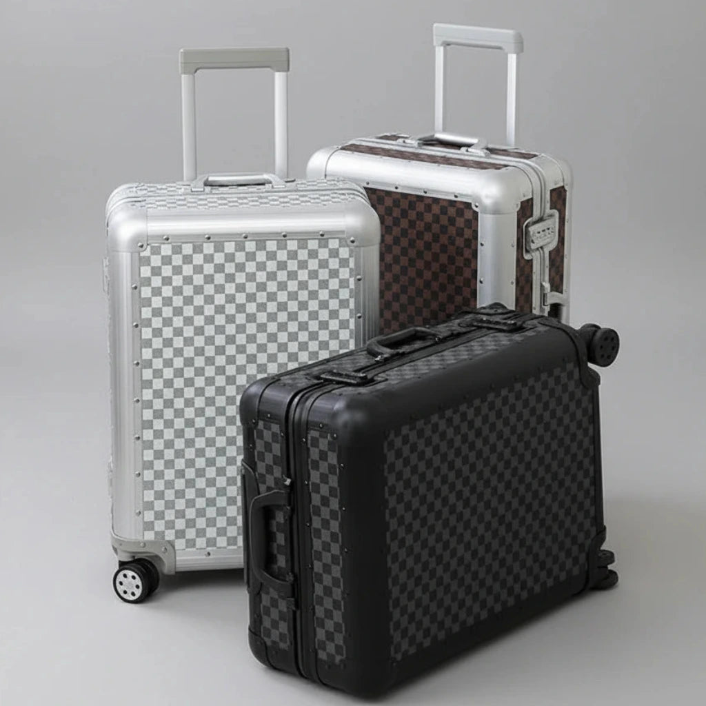 The Monarch premium aluminum carry-on collection in Midnight Onyx, Arctic Silver, and Heritage Bronze, curated by AERIA Prestige.