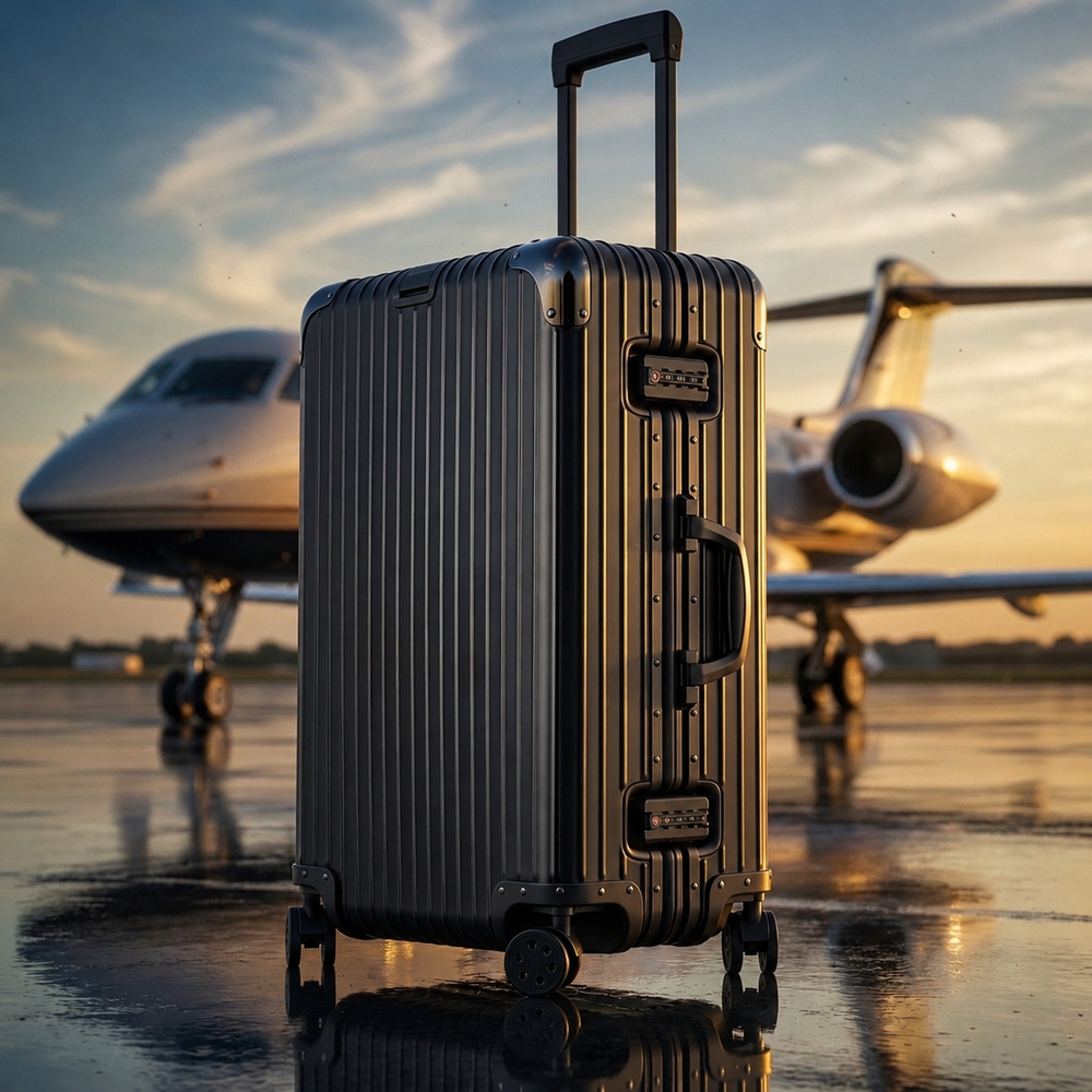A premium aluminum carry-on suitcase standing on a runway in front of a private jet, designed to meet international carry-on size standards for luxury travel.