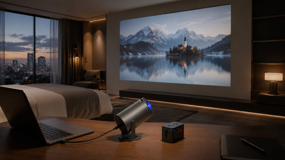 Premium executive travel accessories transforming a luxury hotel suite into a visual command station with a smart cinema projector.⁠