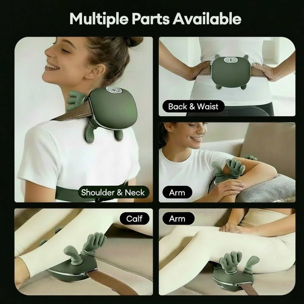 Collage of a green massage device being used on various parts of the body with text indicating different usage areas.