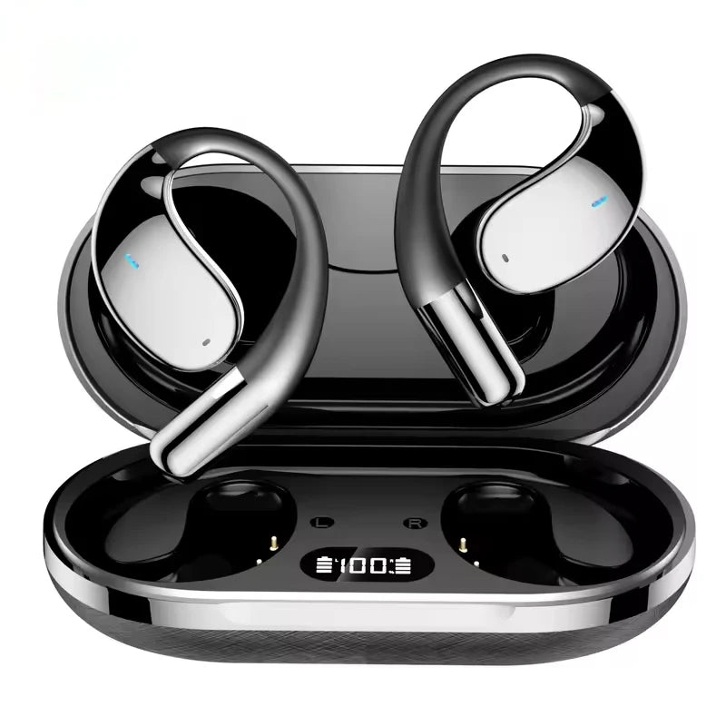 Wireless earbuds with charging case on a white background