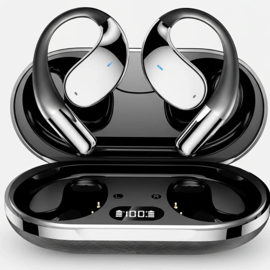 Wireless earbuds with charging case on a white background