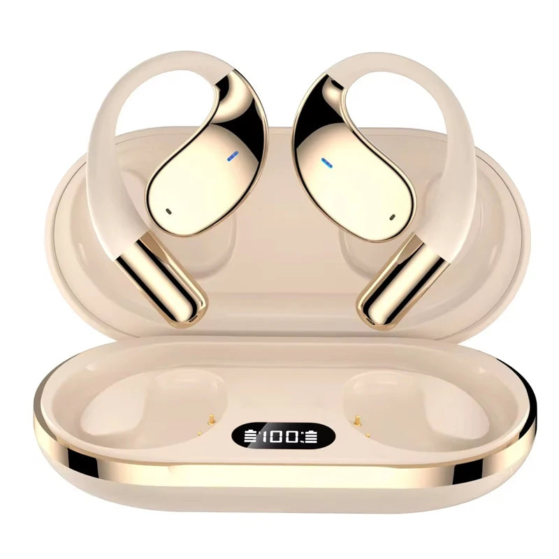 Gold wireless earbuds with charging case on a white background