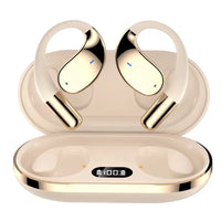 Gold wireless earbuds with charging case on a white background