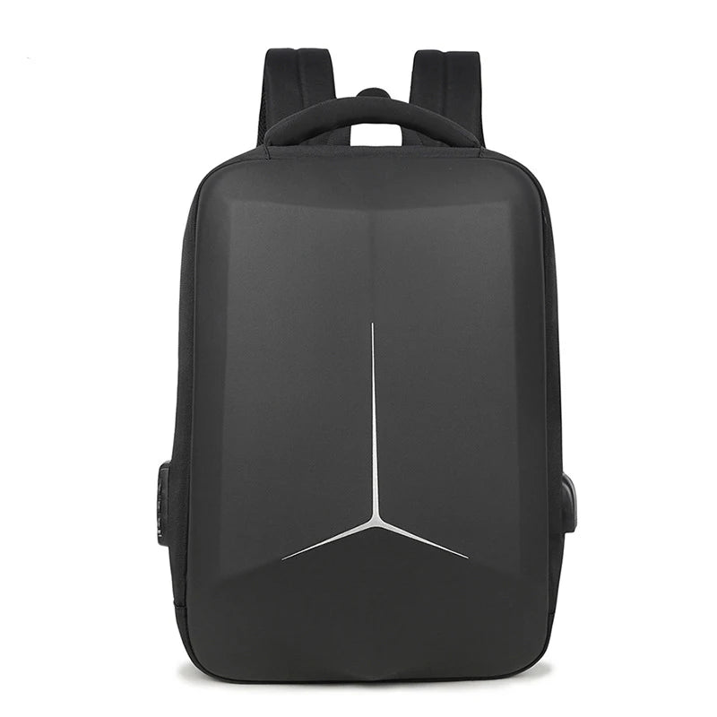 Black backpack with a geometric design on a white background