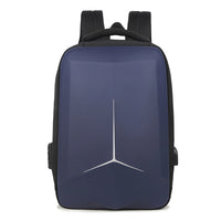 Blue backpack with a brand logo on a white background