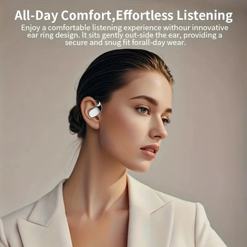 Woman wearing wireless earbuds with text about comfort and ease of use