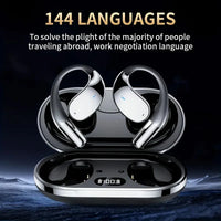 Wireless earbuds with charging case on a dark background, emphasizing language translation feature.