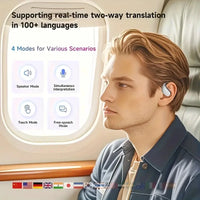 Man wearing a smart ear device with text about real-time two-way translation in 140 + languages.