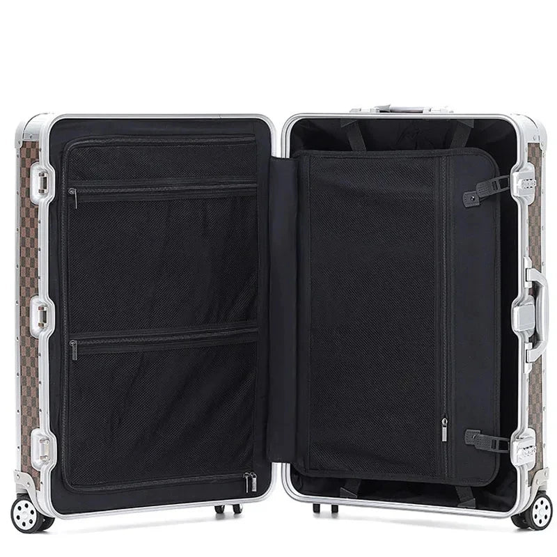 Open suitcase with checkered pattern on a white background