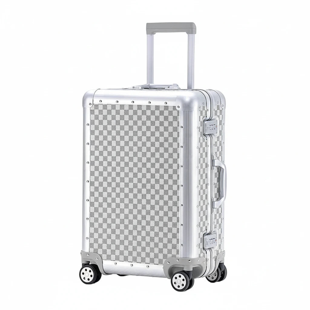 Silver checkered suitcase on a white background