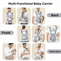 Multi-functional baby carrier shown in various usage scenarios including front, back, and waist stool.