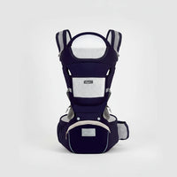 Navy blue baby carrier with white accents on a white background