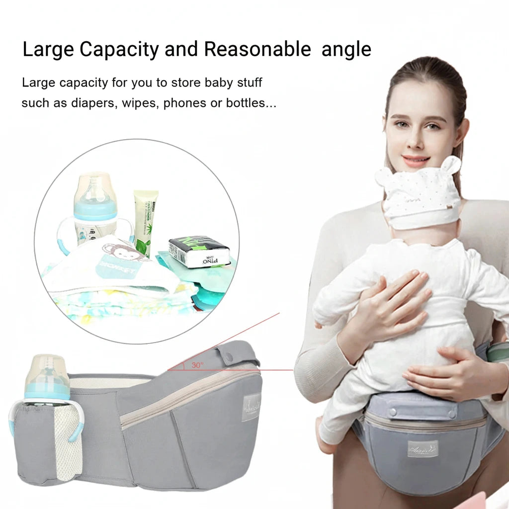 Baby carrier with attached pouch for baby care items, featuring a woman holding a baby.