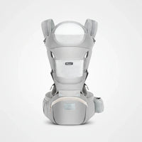 Gray baby carrier with brand logo on a white background