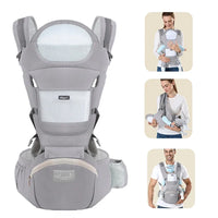 Gray baby carrier with images of people using it on a white background