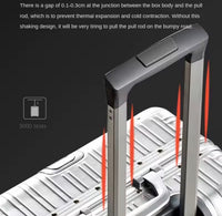Close-up of a suitcase handle with text explaining design features.