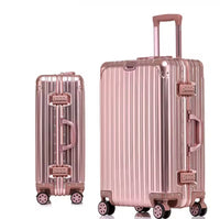 Rose gold luggage set on a white background