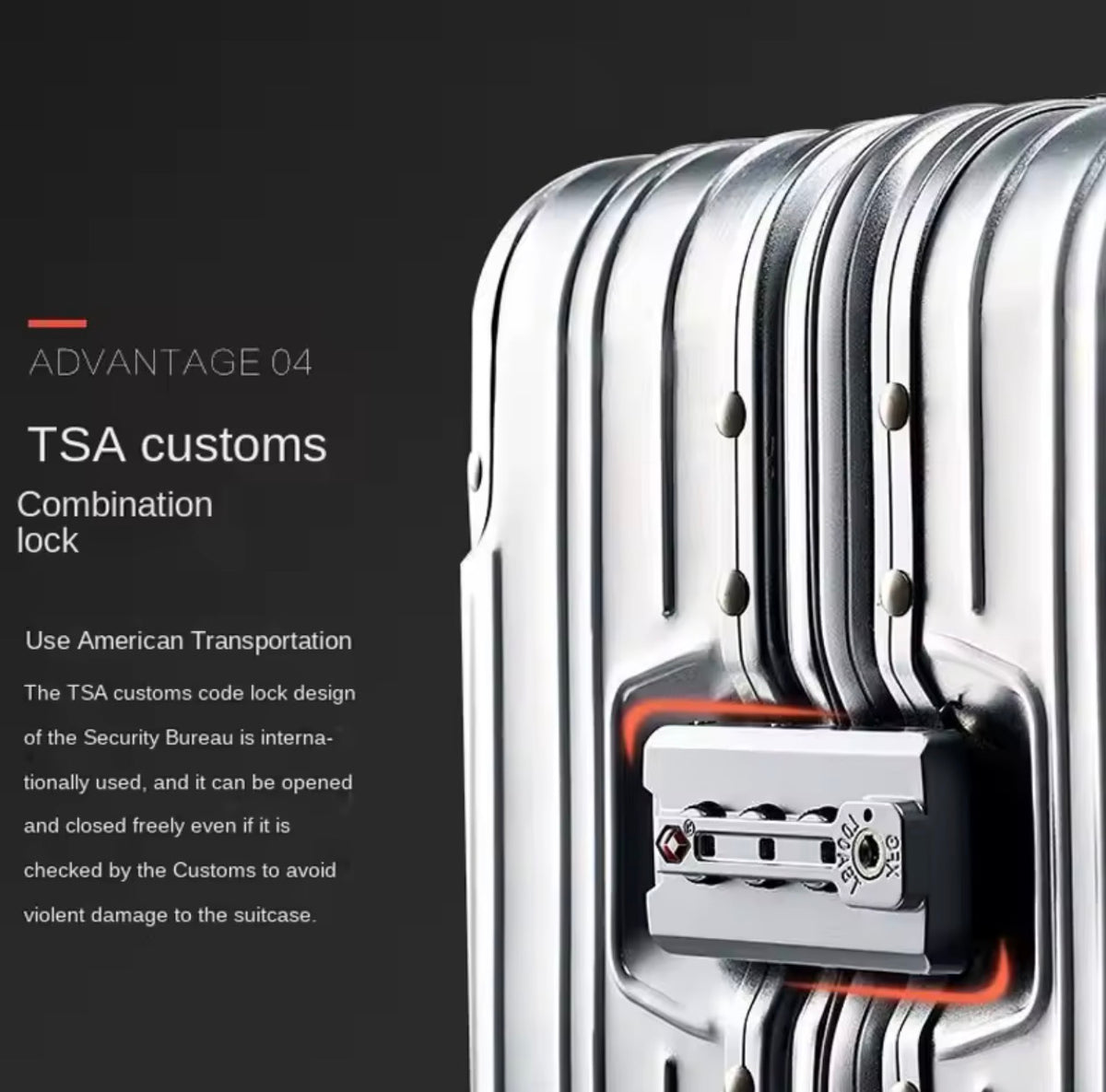 Silver suitcase with TSA lock mechanism on a black background