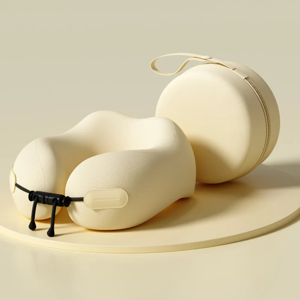 Beige travel neck pillow with carrying case on a beige background