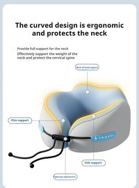 Ergonomic neck pillow with labeled support points on a light blue background