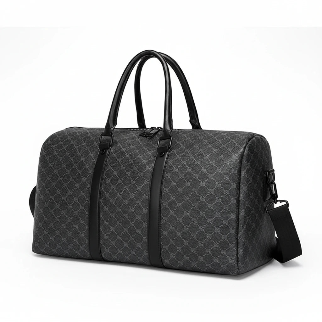 Gray patterned duffel bag with black straps on a white background