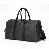 Gray patterned duffel bag with black straps on a white background