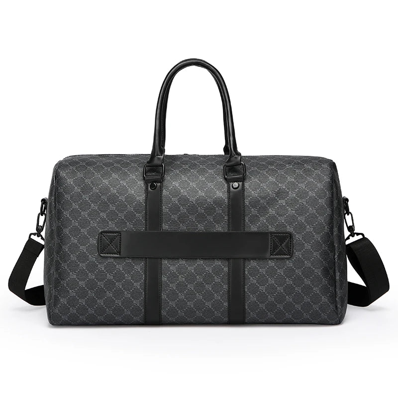 Gray duffel bag with black accents on a white background