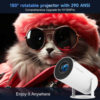 Cat wearing sunglasses with a projector and promotional text overlay