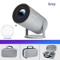 Gray projector with lens protector and carrying case on a white background