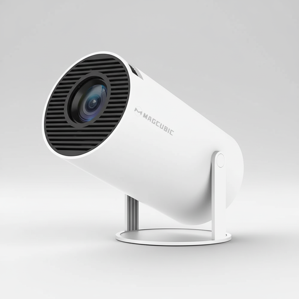 White security camera with black lens on a light gray background