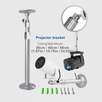 Projector bracket with adjustable height for ceiling or wall mounting, featuring a projector and accessories on a white background.