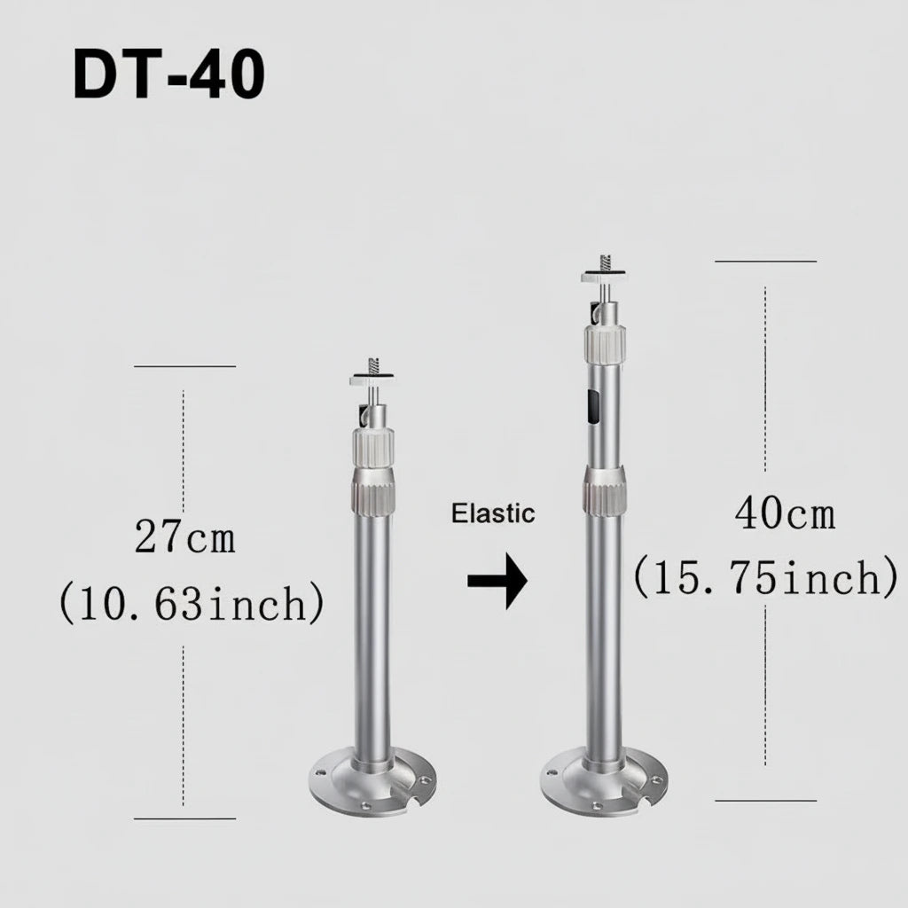 Measurement chart of a metal stand with elastic component, showing height differences.