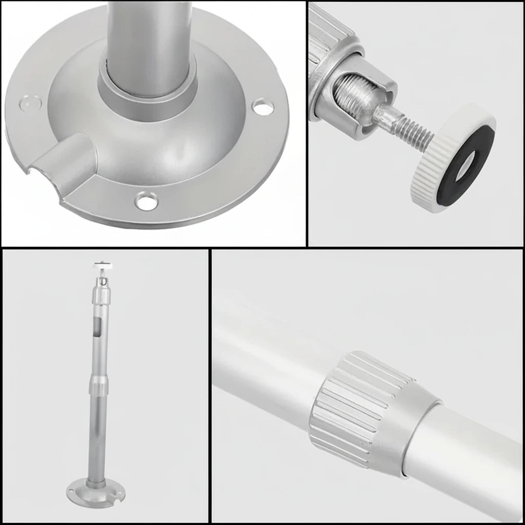 Collage of metal components including a base, adjustable knob, and telescopic rod.