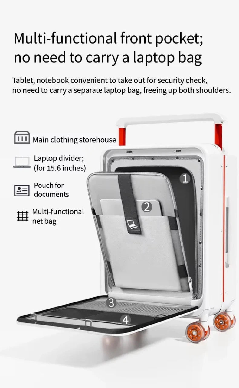 Multifunctional travel bag with compartments for tablet, laptop, and documents on a white background.