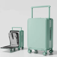 Mint green suitcase with open front compartment on a light gray background