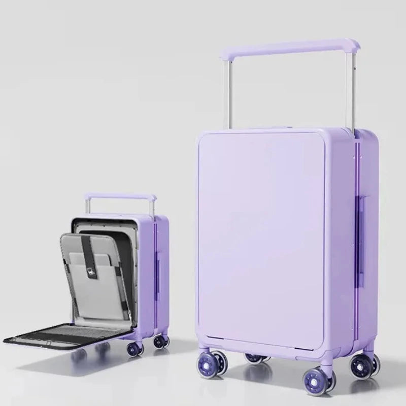 Purple suitcase with a smaller black suitcase inside on a light gray background