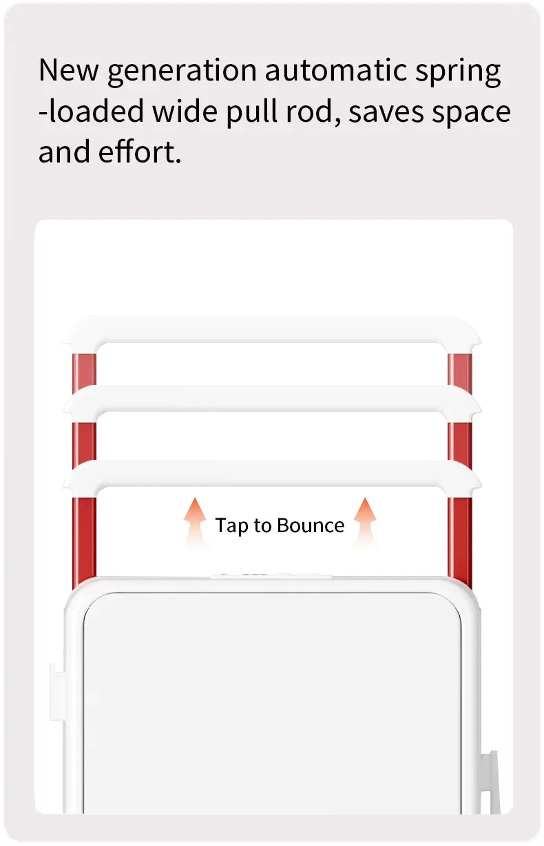 White electronic device with red accents and text on a white background
